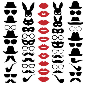 Set Illustrations of hats, glasses, masks, lips and moustaches. Vector