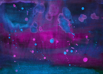 Watercolor texture of spray and drops painting on gradient paper. Abstract handmade illustration in blue and pink color. Dark grunge background.