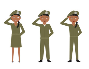 Set of cartoon soldiers with green uniforms saluting on White background