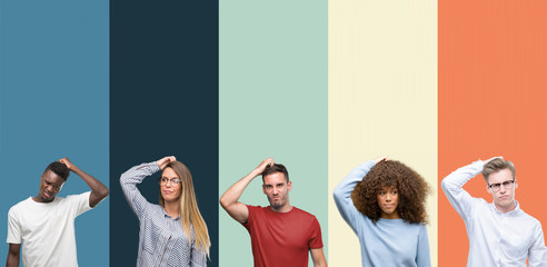 Group of people over vintage colors background confuse and wonder about question. Uncertain with doubt, thinking with hand on head. Pensive concept.