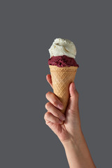 Red fruit sorbet and vanilla ice cream in the form of ball in waffle cone, which is held by a woman's hand on a gray background.