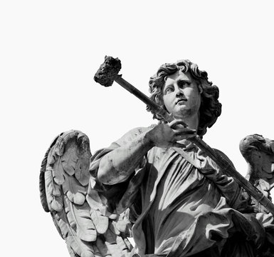 Angel marble statue with sponge, a 17th century baroque masterpiece on Holy Angel Bridge in Rome (isolated on white background)