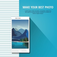 Photo of nature landscape with smartphone Isolated on blue background.