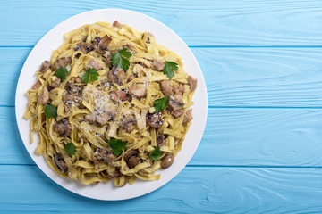Pasta tagliatelle with chicken meat and mushroom