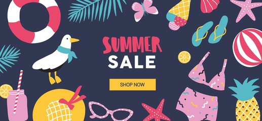 Horizontal web banner template decorated with summer tropical vacation attributes on black background. Colorful seasonal vector illustration in flat cartoon style for sale promotion, advertisement.