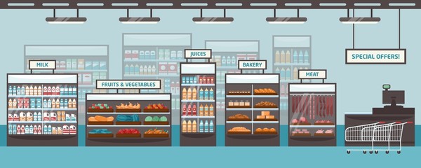 Supermarket shelvings and glass cases with various products - milk, fruits, vegetables, juices, bakery, meat. Food retailer, grocery store or shop. Colored vector illustration in flat cartoon style.