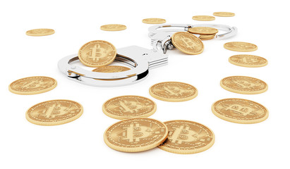 The ban on the use of crypto currency in countries. The concept of Bitcoin in handcuffs.