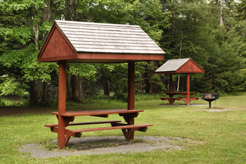 Roof covered picnic tables in rural park setting.