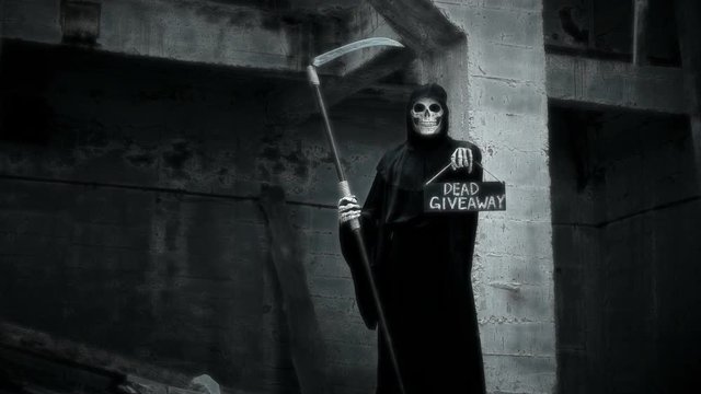 death with a scythe raises a sign with the inscription dead giveaway