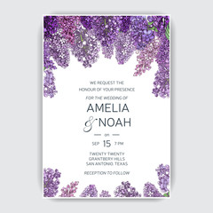 Vector hand drawn invitation for the wedding. Card with Lilac flowers.