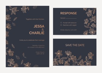Collection of wedding invitation and response card templates decorated by magnolia tree branches with blooming flowers hand drawn with contour lines on black background. Romantic vector illustration.