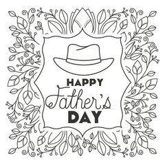 fathers day frame with leafs and elegant hat vector illustration design