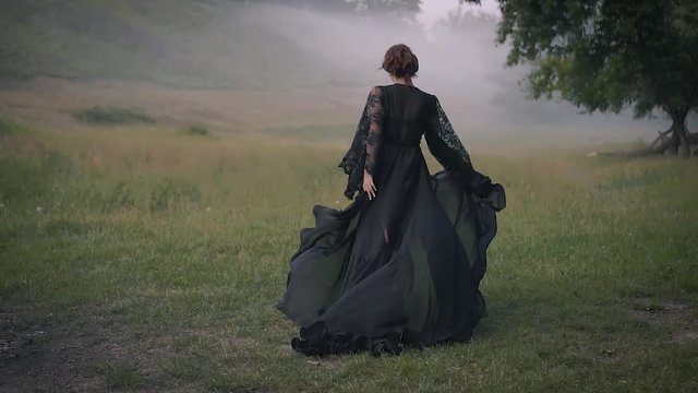 Fantasy woman witch walking in gothic dark forest green tree, grass  summer nature, luxurious lady in vintage black silk dress fabric fly motion turns around goes into fog, Girl vampire back rear view