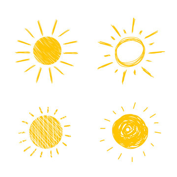 Vector Hand Drawn Sun Icons, Sunny Cute Doodle Set, Isolated on White Background.