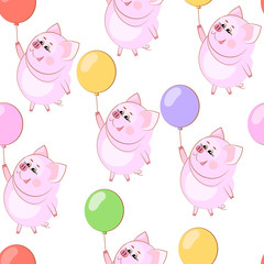 Lovely happy guinea pig. Air balloon. Seamless pattern. Vector illustration.