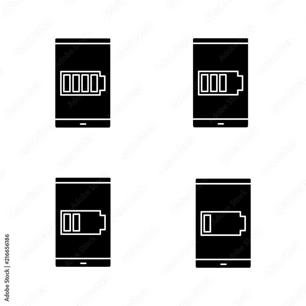 Sticker smartphone battery charging glyph icons set