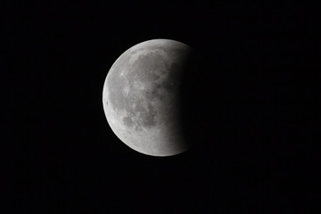 Super Bloody Moon, full eclipse last phase against black sky background, one third of the Moon surface covered by Earth's shadow