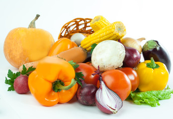 closeup.a variety of fresh vegetables in a wicker baske