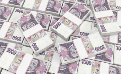 3D realistic render of 1000 stack czech crown ceska koruna national money in czech republic. Isolated on white background.