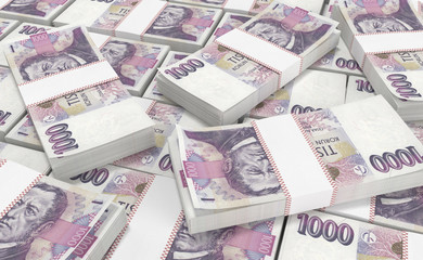3D realistic render of 1000 stack czech crown ceska koruna national money in czech republic. Isolated on white background.