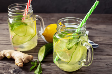 Fresh cucumber, lemon, ginger and mint drink