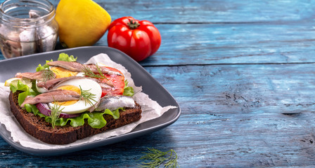 Sandwich with anchovy and egg on blue background with copy space