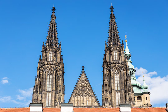St Vitus cathedral spires closeup shot against sky