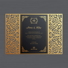 Luxury wedding invitation or greeting card with vintage floral ornament. Paper lace envelope template. Wedding invitation envelope mock-up for laser cutting. Vector illustration.