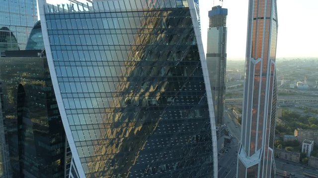 A sunset Aerial shot of skyscrapers of Moscow International Business Centre.