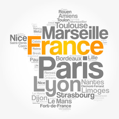 List of cities and towns in FRANCE, map word cloud collage, business and travel concept background