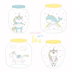 Sierkussen Set of glass jars with cute funny unicorn characters inside. Isolated objects on white background. Hand drawn vector illustration. Line drawing. Design concept for children print. © Maria Skrigan