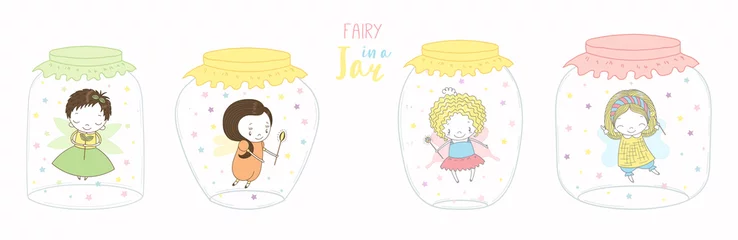 Sierkussen Set of glass jars with different cute funny little fairies inside. Isolated objects on white background. Hand drawn vector illustration. Line drawing. Design concept for children print. © Maria Skrigan
