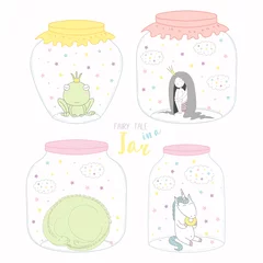 Foto op Canvas Set of glass jars with cute funny fairy tale characters inside. Isolated objects on white background. Hand drawn vector illustration. Line drawing. Design concept for children print. © Maria Skrigan