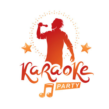 Karaoke party advertising poster composed with stage or recorder microphone vector illustration and musical notes. Superstar performance advertising announcement, feel yourself like a star.