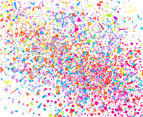 Explosion. Firework. Texture with random geometric elements on white. Holiday background with confetti. Pattern for design. Print for banners, posters and textiles. Greeting cards. Festive backdrop