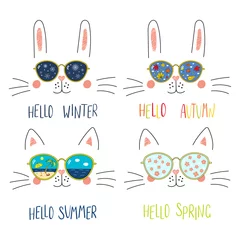 Keuken spatwand met foto Set of cute cat, bunny faces in sunglasses with summer, autumn, winter, spring symbols reflected, text. Isolated objects on white. Hand drawn vector illustration. Line drawing. Concept four seasons. © Maria Skrigan