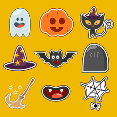 Halloween cute flat icons set: ghost, pumpkin, bat, witch hat and broom, cobweb with spider, black cat, tombstone and vampire's mouth.