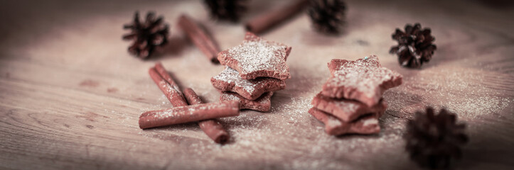 Christmas table. blurred image homemade cookies on wooden backg