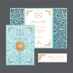 Luxury wedding invitation or greeting card with vintage floral ornament. Paper lace envelope template. Wedding invitation envelope mock-up for laser cutting. Vector illustration.