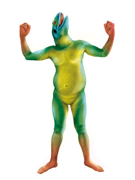 lézard- homme- hybride- reptiles- jaune- vert- mains rouges- photo- illustration- monstre- personnage
