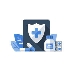 Shield and cross, medical insurance, health care policy, hospital services, preventive check up