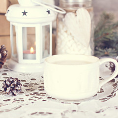 cocoa with marshmallow.  Hot chocolate with marshmallows and cinnamon stick