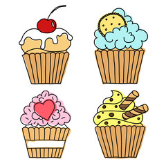 cupcake vector doodle set