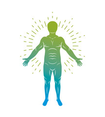 Vector graphic illustration of muscular human, self. Human being as center of the universe.