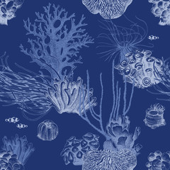 Materiał do szycia Seamless pattern with hand drawn coral reef