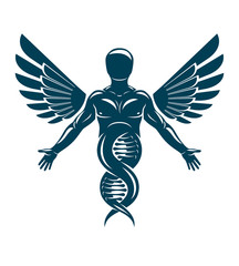 Vector illustration of strong male made as DNA symbol continuation and created with bird wings. Bioengineering and molecular genetics.