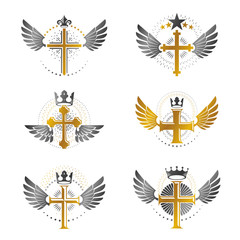 Crosses Religious emblems set. Heraldic Coat of Arms, vintage vector logos collection.