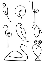 logo d'oiseau, à plat, noir, dessin, graphique, abstrait, illustration, perruche, paon, flamant rose, autruche, pigeon, chouette, hibou, manchot, pingouin, cygne