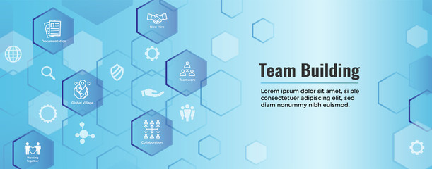 Team Building, Teamwork, - Connectivity Icon Set with Stick Figures and Intersections Web Header Banner