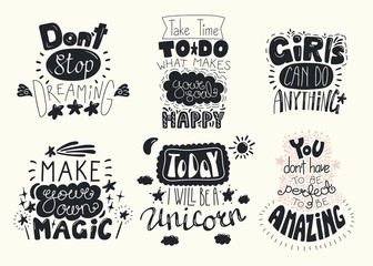 Set of hand written inspirational lettering quotes. Isolated objects. Hand drawn black and white vector illustration. Design concept for t-shirt print, motivational poster.